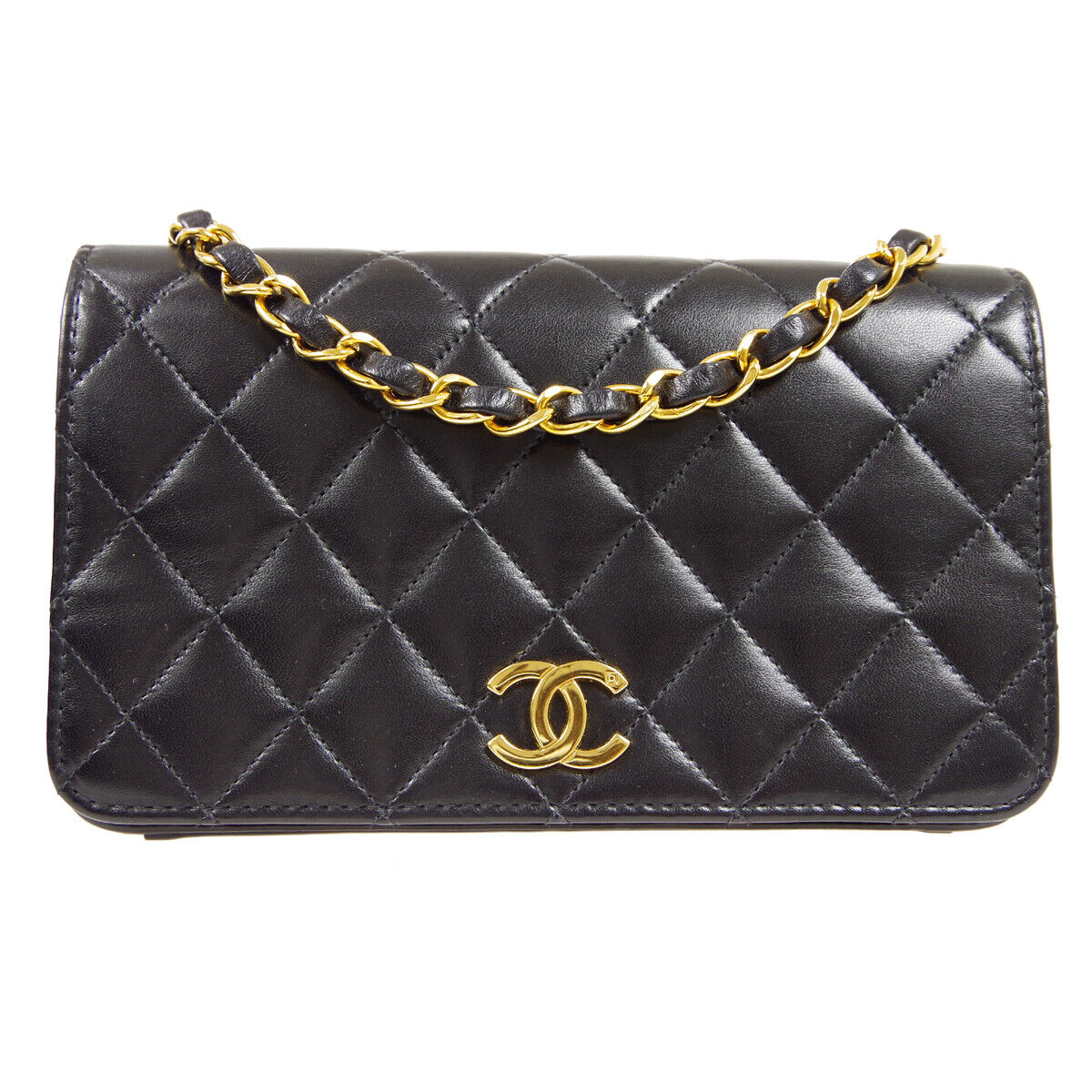 CHANEL Quilted Full Flap Single Chain Shoulder Bag Black Lambskin