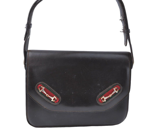 , Gucci, brown leather, large, envelope snap top, shoulder bag with red/green striped side accents, gold horse-bit accents, and multiple compartments