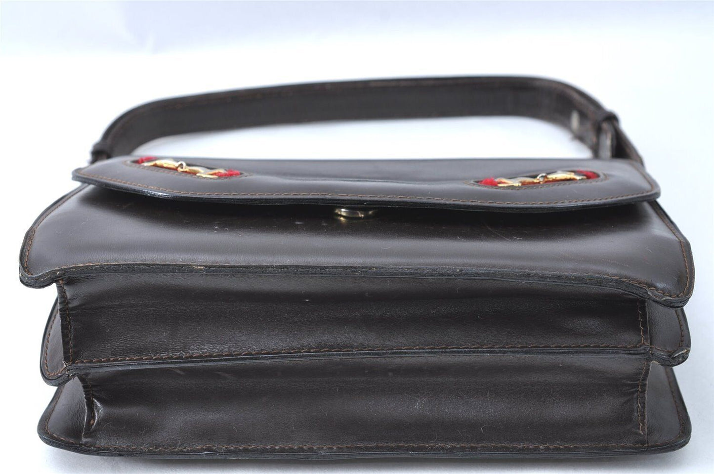 , Gucci, brown leather, large, envelope snap top, shoulder bag with red/green striped side accents, gold horse-bit accents, and multiple compartments