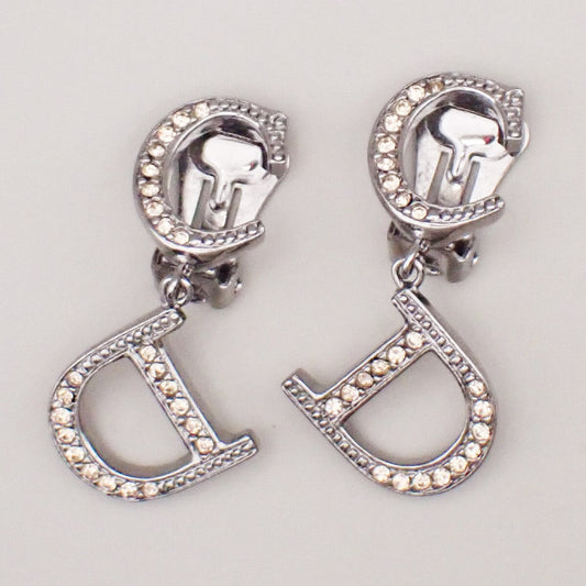 Christian Dior Cd Logo Rhinestone Drop Earrings Clip-On Rhinestone,Silver Plated Silver Silver_Plated Earrings Jewelry ()