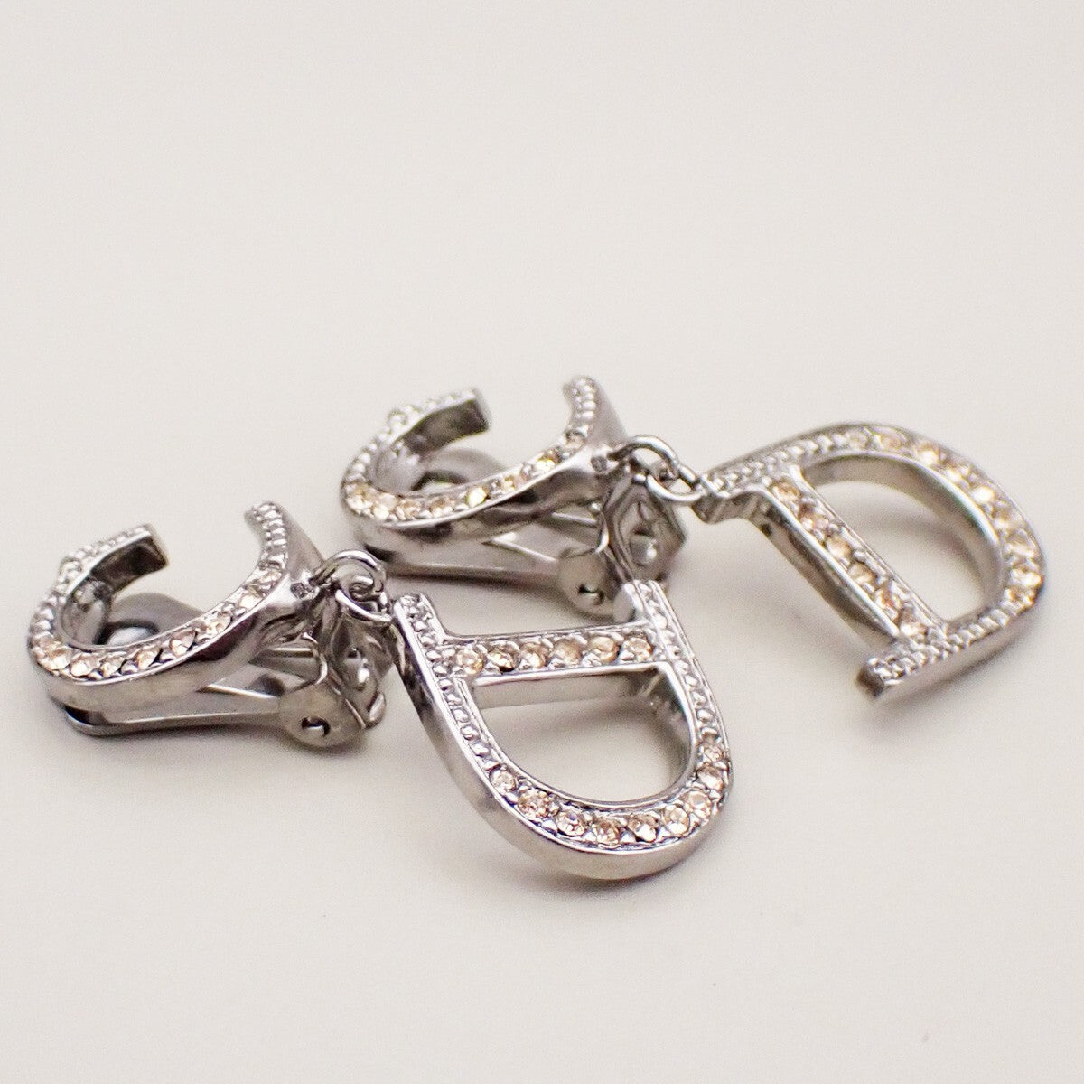 Christian Dior Cd Logo Rhinestone Drop Earrings Clip-On Rhinestone,Silver Plated Silver Silver_Plated Earrings Jewelry ()