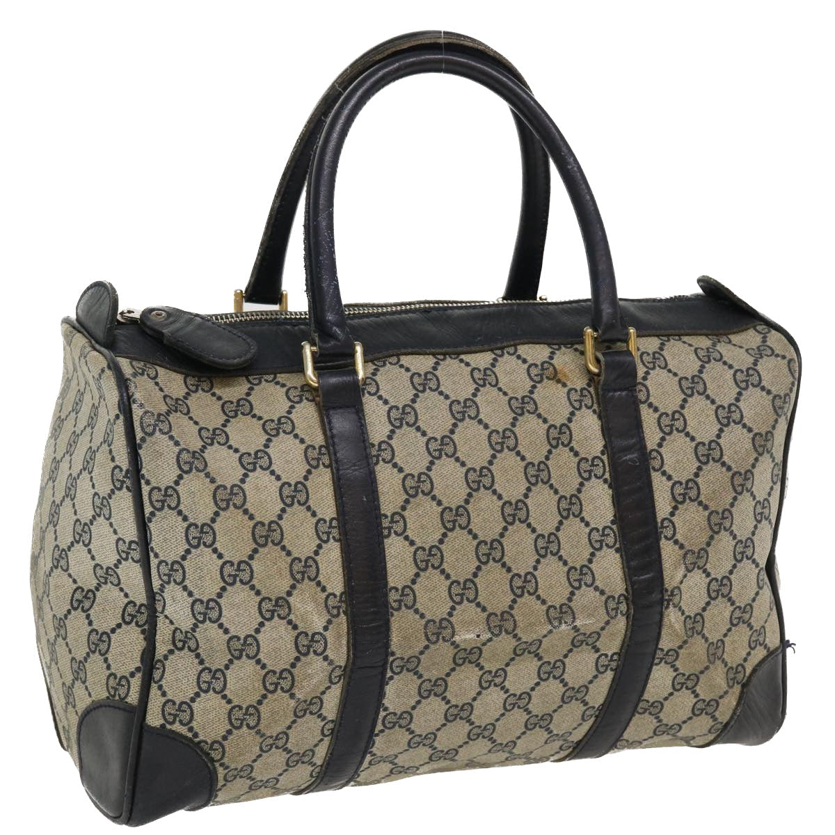 Gucci GG Canvas Boston Bag PVC Leather Gray Navy  th3293