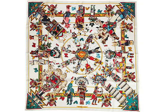 Hermes White & Red Silk Kachinas Scarf