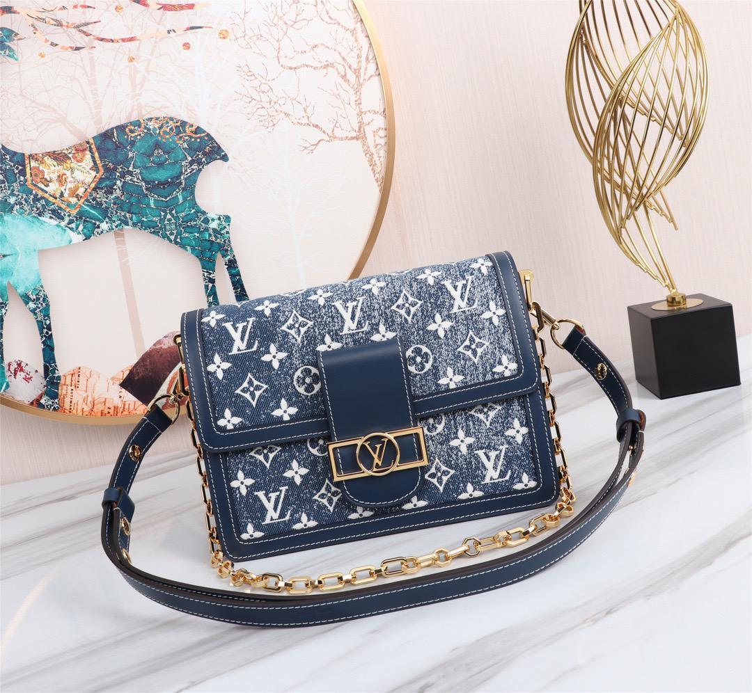 Top Quality Dauphine MM Denim Jacquard Monogram Pattern Navy Blue For Women,  Shoulder And Crossbody Bags 9.8in/25cm Top Quality M59631
