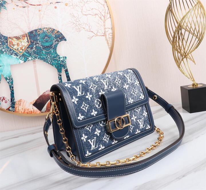 Top Quality Dauphine MM Denim Jacquard Monogram Pattern Navy Blue For Women,  Shoulder And Crossbody Bags 9.8in/25cm Top Quality M59631
