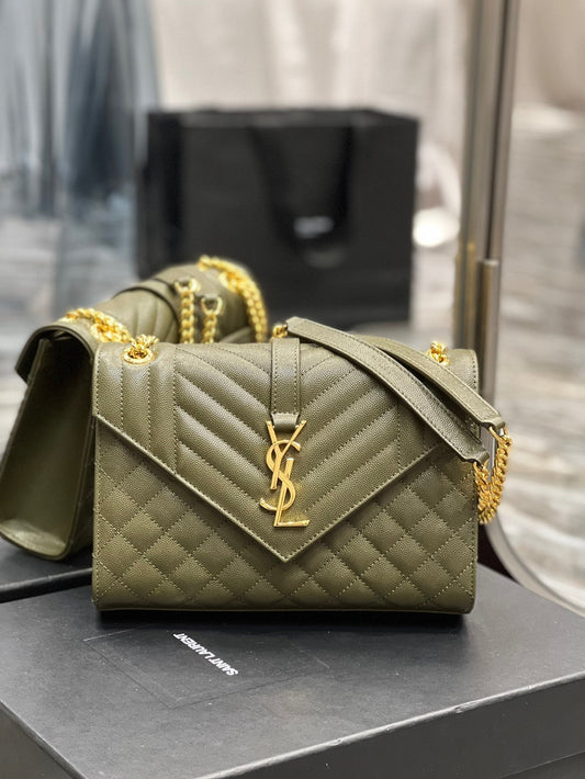 YSSL Envelope Medium Chain Bag Dark Green For Women, Women’s Bags 9in/24cm YSL