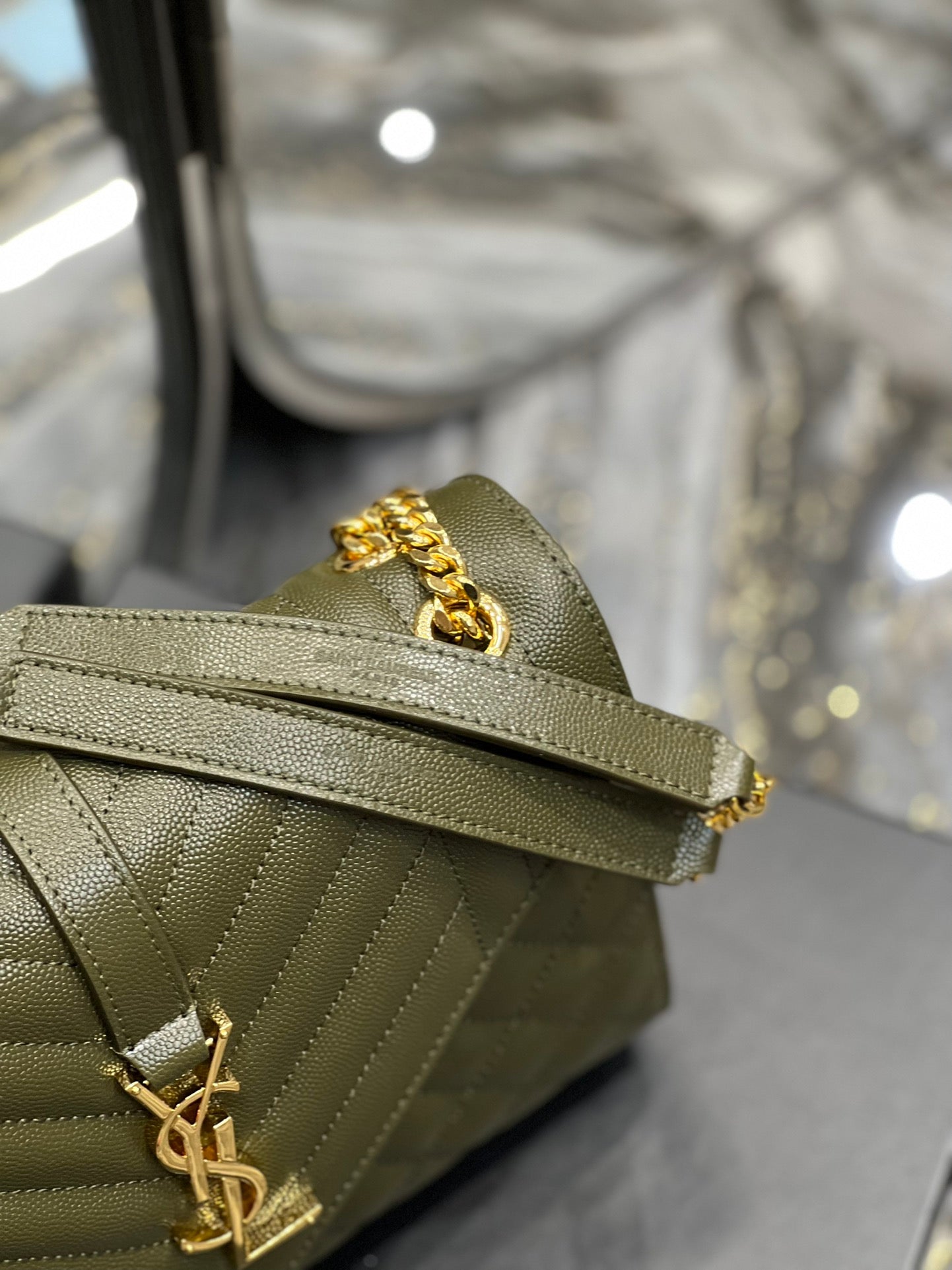 YSSL Envelope Medium Chain Bag Dark Green For Women, Women’s Bags 9in/24cm YSL