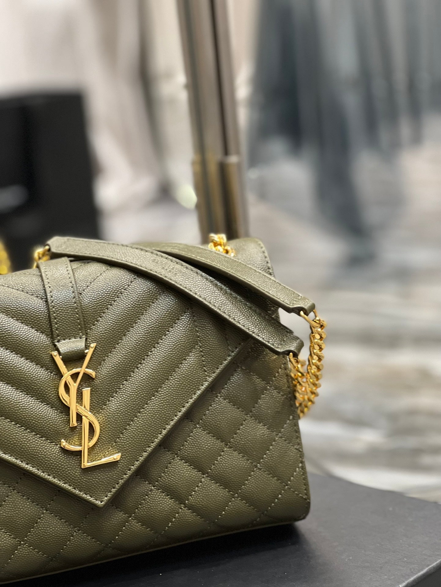 YSSL Envelope Medium Chain Bag Dark Green For Women, Women’s Bags 9in/24cm YSL
