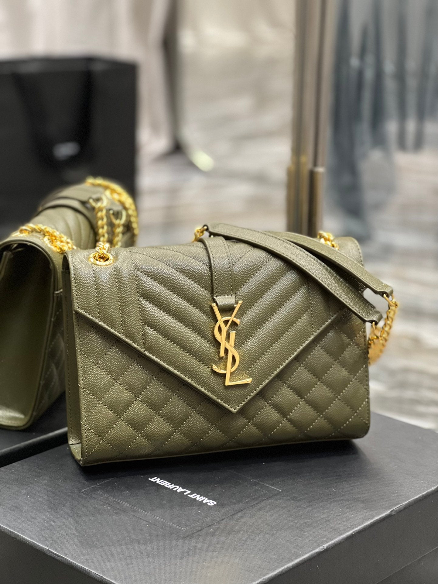 YSSL Envelope Medium Chain Bag Dark Green For Women, Women’s Bags 9in/24cm YSL