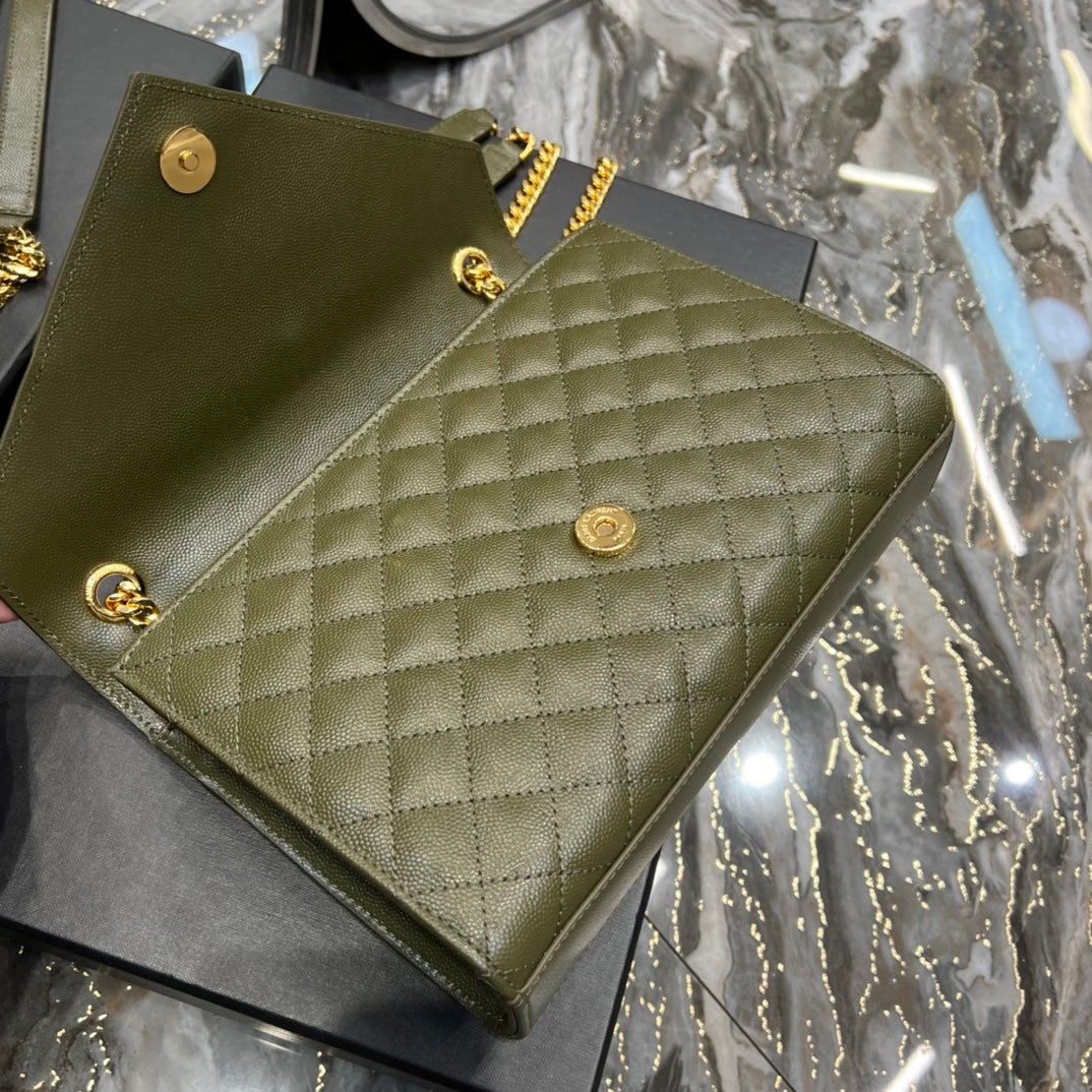 YSSL Envelope Medium Chain Bag Dark Green For Women, Women’s Bags 9in/24cm YSL