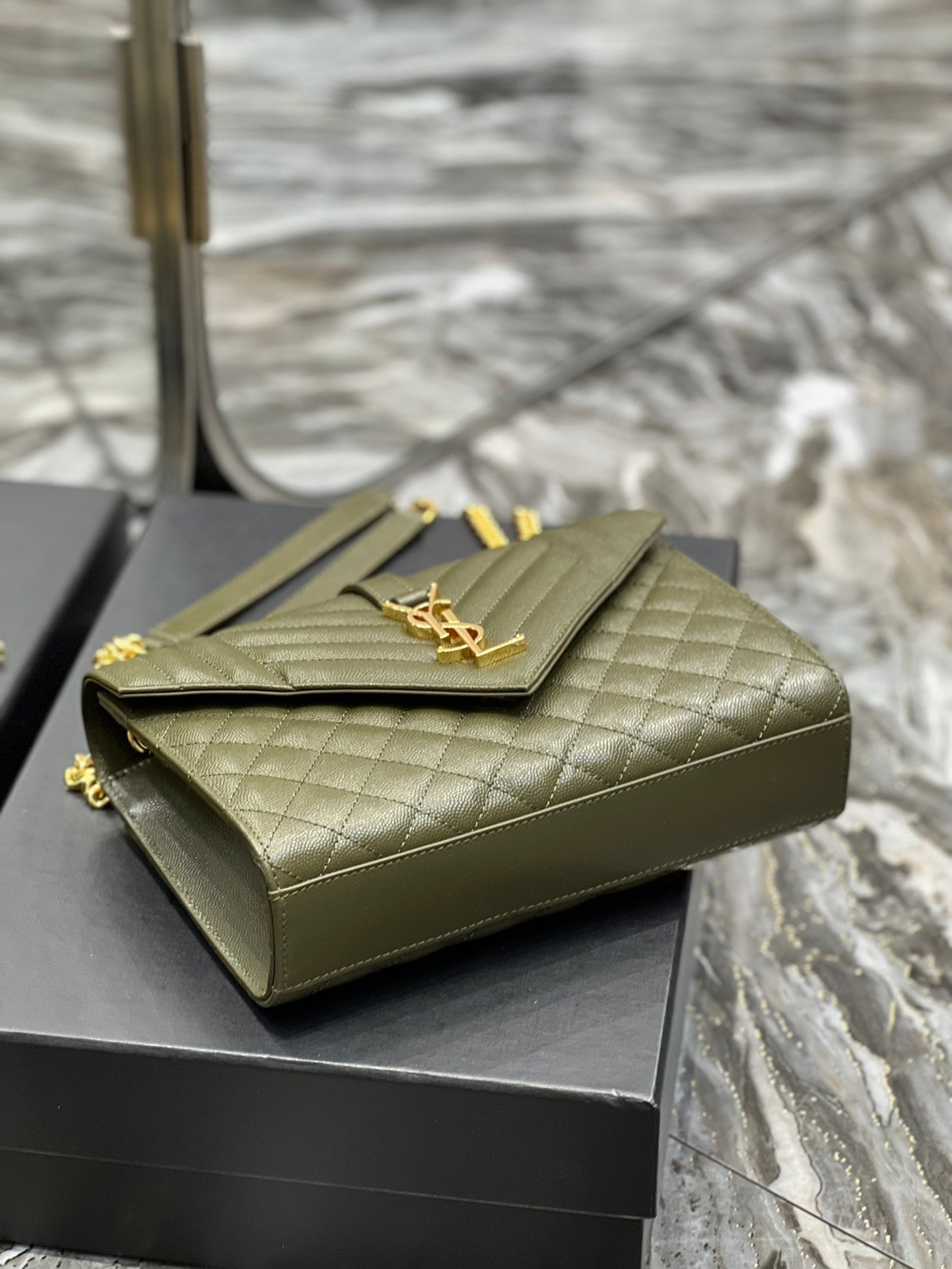 YSSL Envelope Medium Chain Bag Dark Green For Women, Women’s Bags 9in/24cm YSL