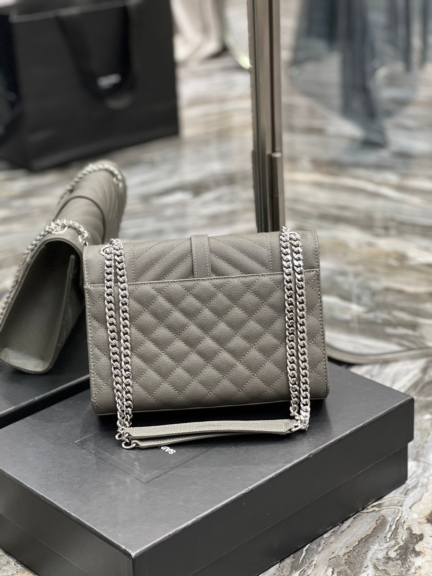 YSSL Envelope Medium Chain Bag Dark Grey For Women, Women’s Bags 9in/24cm YSL
