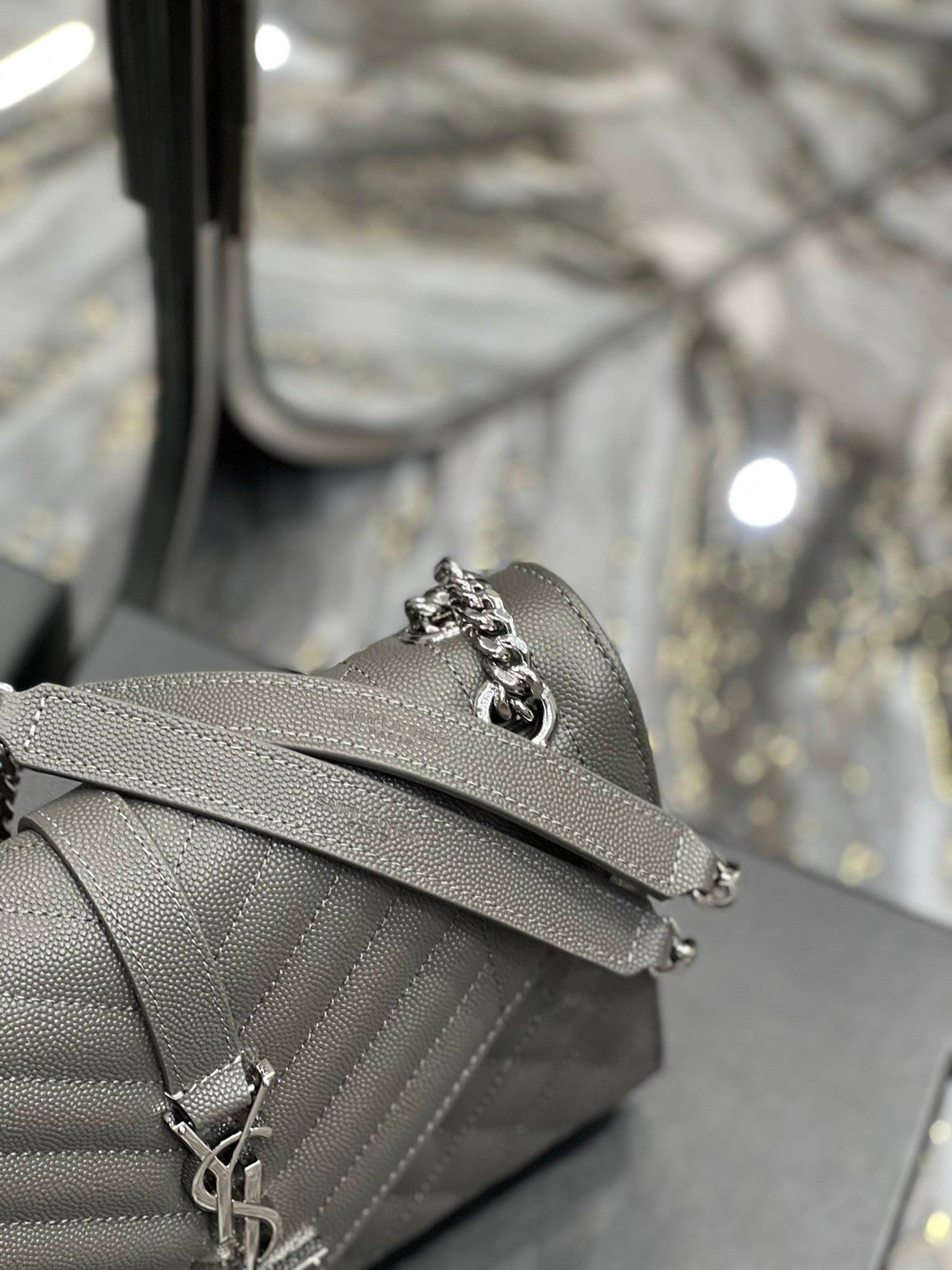 YSSL Envelope Medium Chain Bag Dark Grey For Women, Women’s Bags 9in/24cm YSL