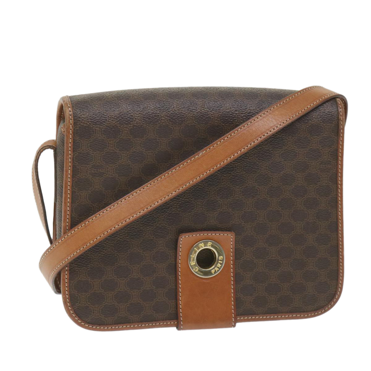 Luxury CELINE Macadam Canvas Shoulder Bag PVC Leather Brown 9354